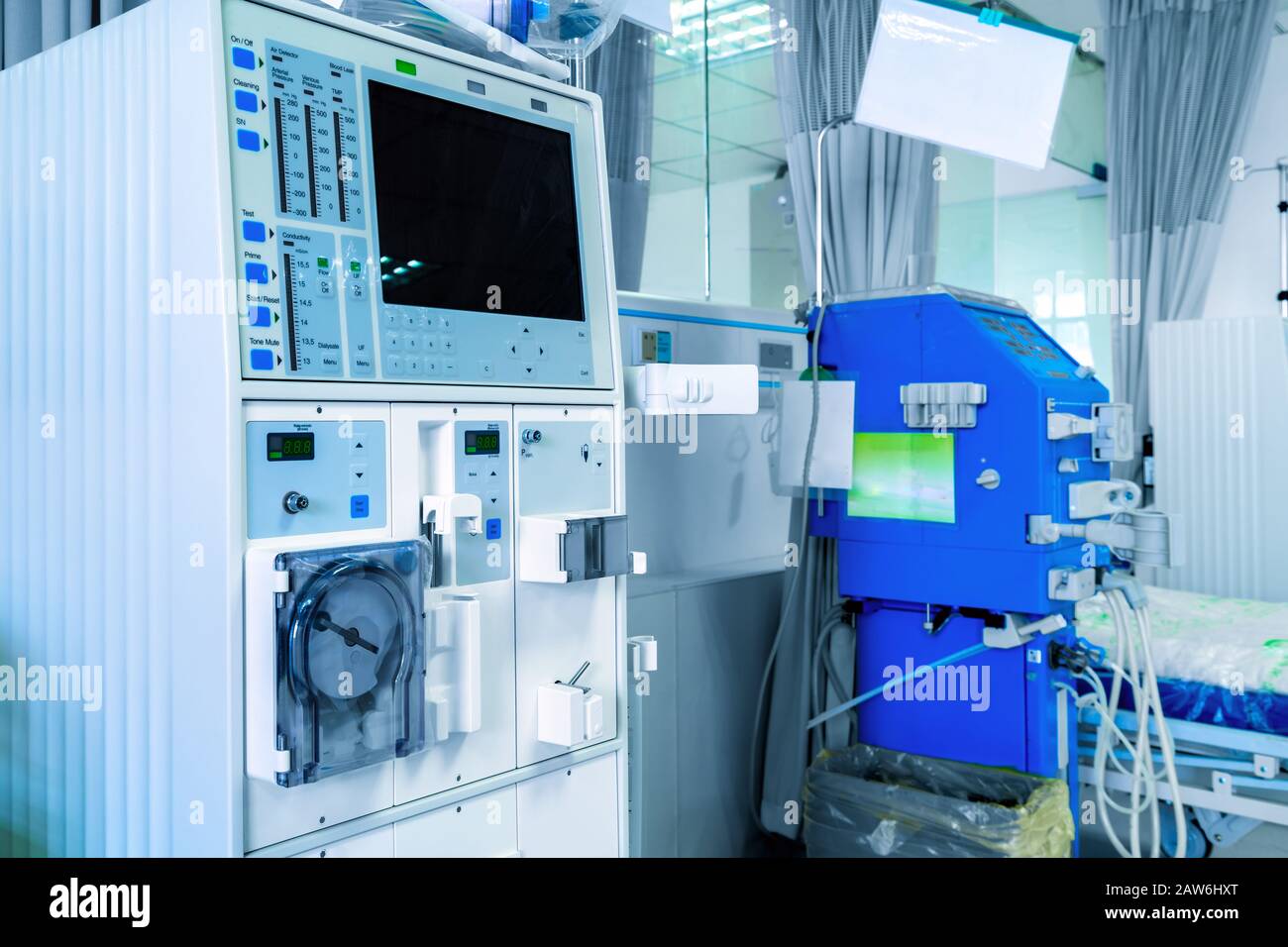 Hemodialysis machines with tubing and installations. Health care, blood