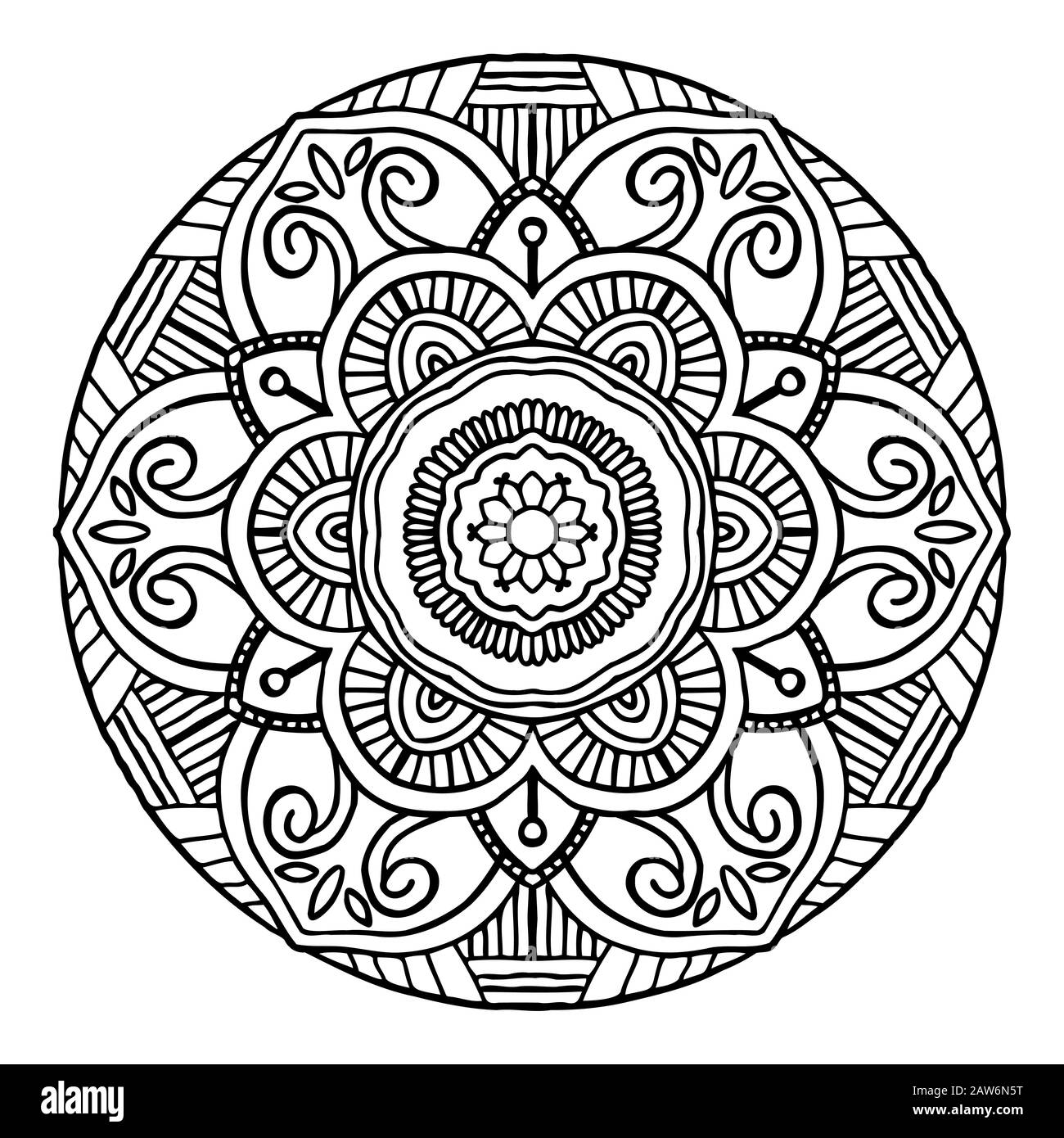 Outline Mandala decorative round ornament, can be used for coloring book, anti-stress therapy, greeting card, phone case print, etc. Hand drawn style Stock Vector