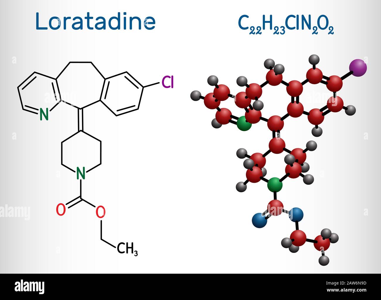 Loratadine C22H23ClN2O2 molecule. It is antihistamine, is used to treat allergies. Structural chemical formula and molecule model. Vector illustration Stock Vector