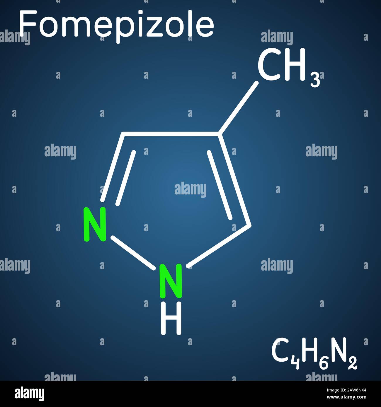 Fomepizole, 4-methylpyrazole, C4H6N2 molecule. It is used to treat methanol and ethylene glycol poisoning. Structural chemical formula on the dark blu Stock Vector