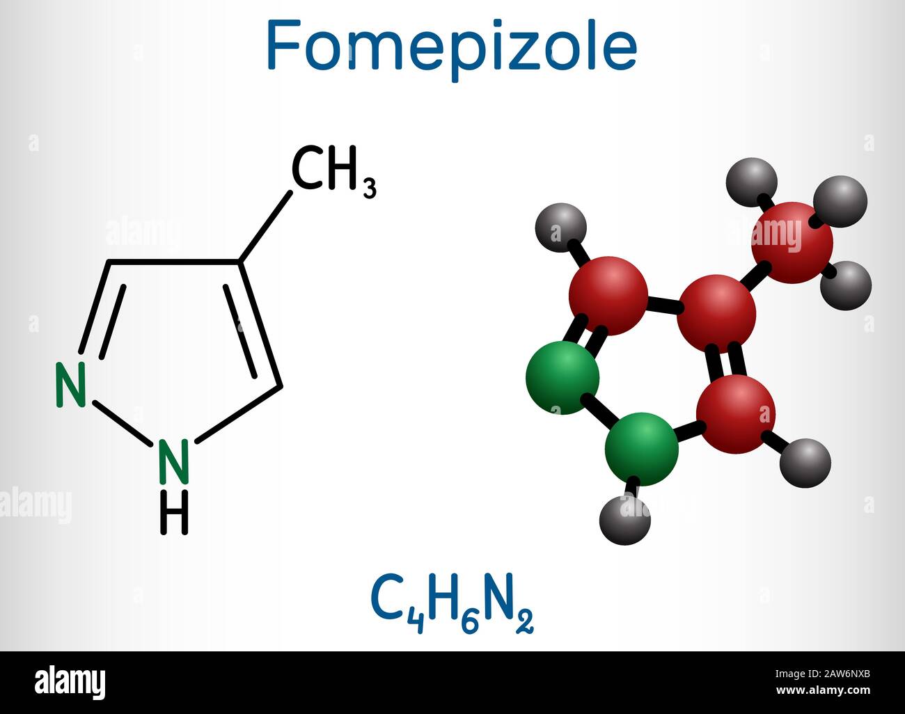 Fomepizole, 4-methylpyrazole, C4H6N2 molecule. It is used to treat methanol and ethylene glycol poisoning. Structural chemical formula and molecule mo Stock Vector