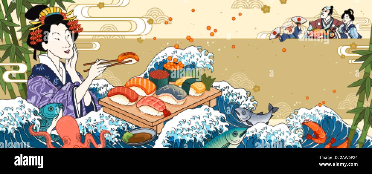 Ggeisha eating sashimi on giant wave tides background in ukiyo-e style Stock Vector