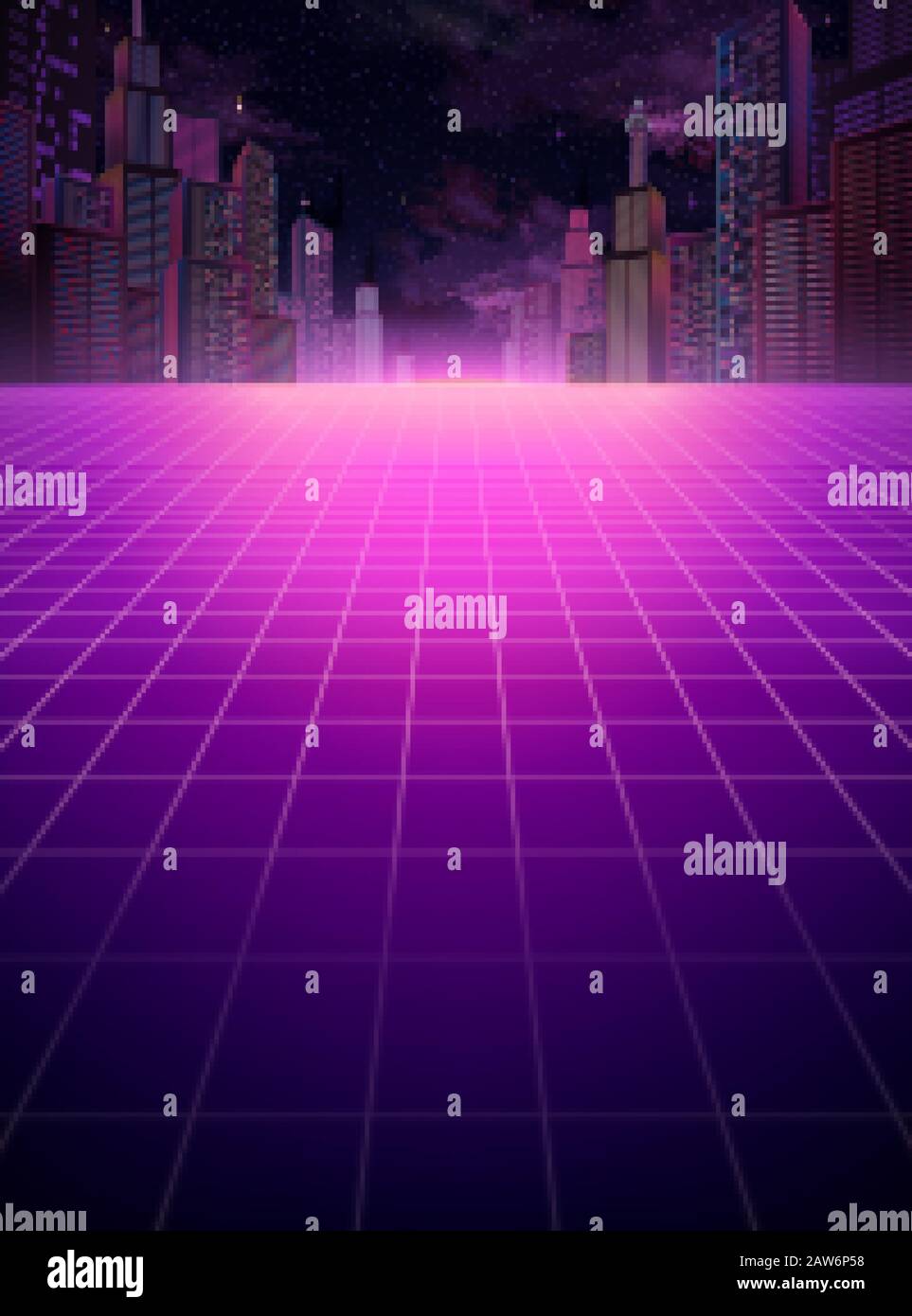 Cyberpunk urban night scene with grid floor copyspace in purple tone Stock Vector