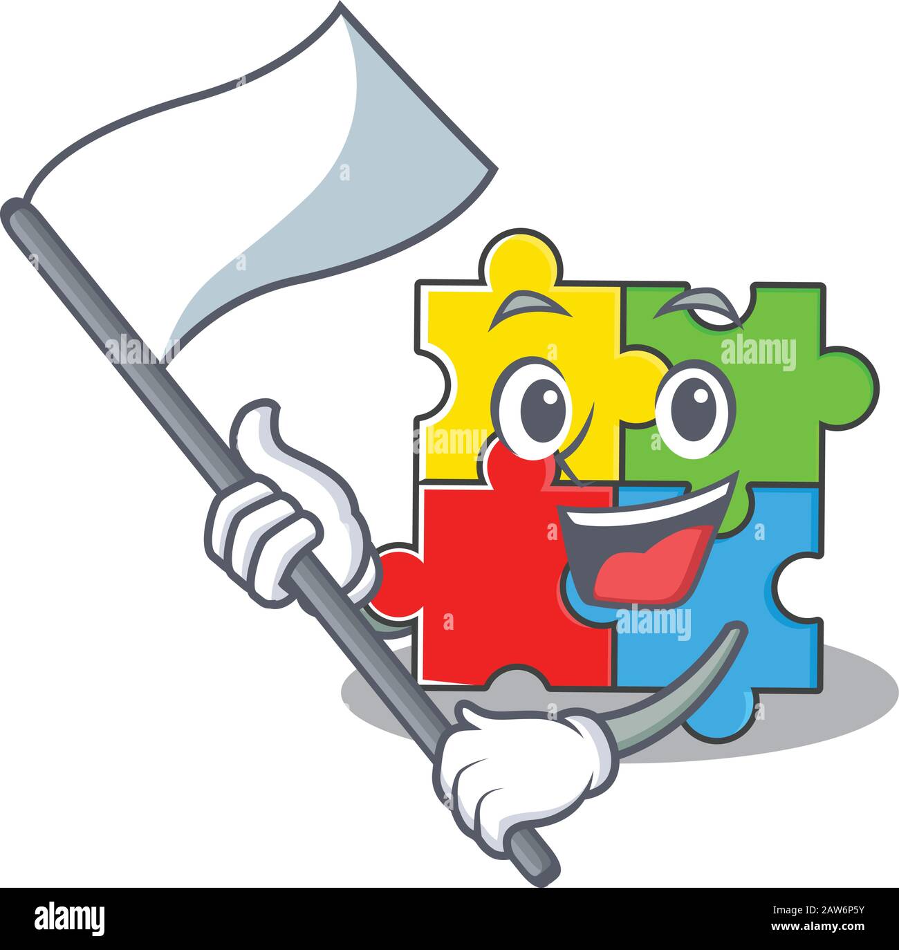 Funny puzzle toy cartoon character style holding a standing flag Stock ...