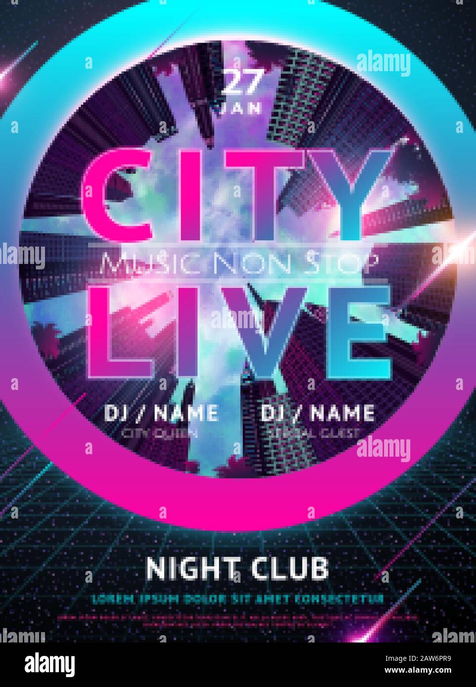 Cyberpunk style night club music concert poster design with look up angle Stock Vector