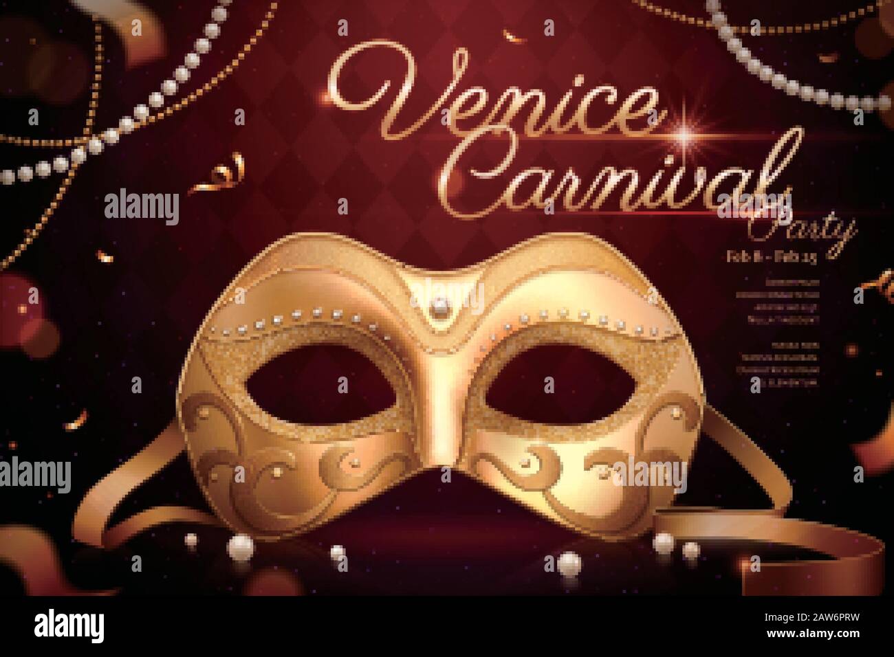 Exquisite Venice carnival design with gold mask and confetti on burgundy red background in 3d illustration Stock Vector