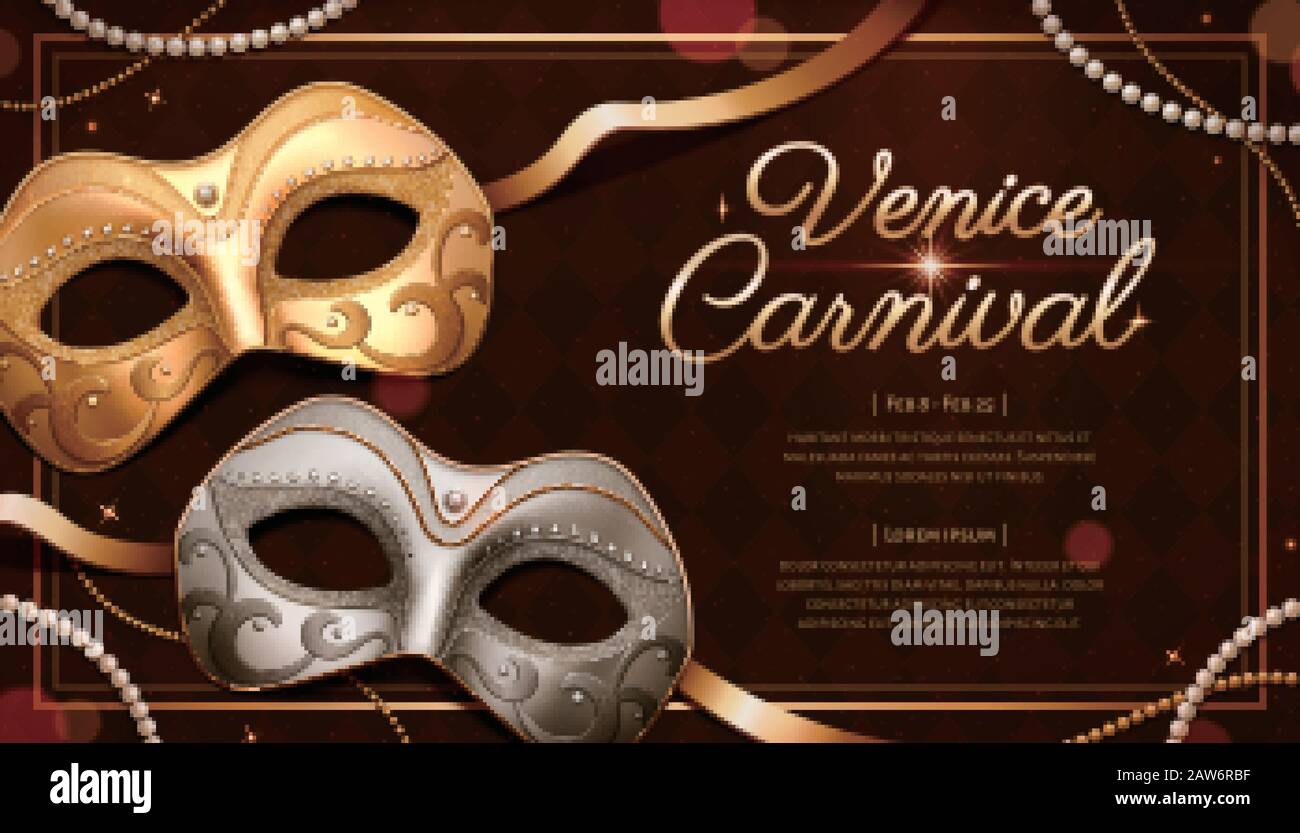 Venice carnival template design with silver and gold mask in 3d illustration Stock Vector
