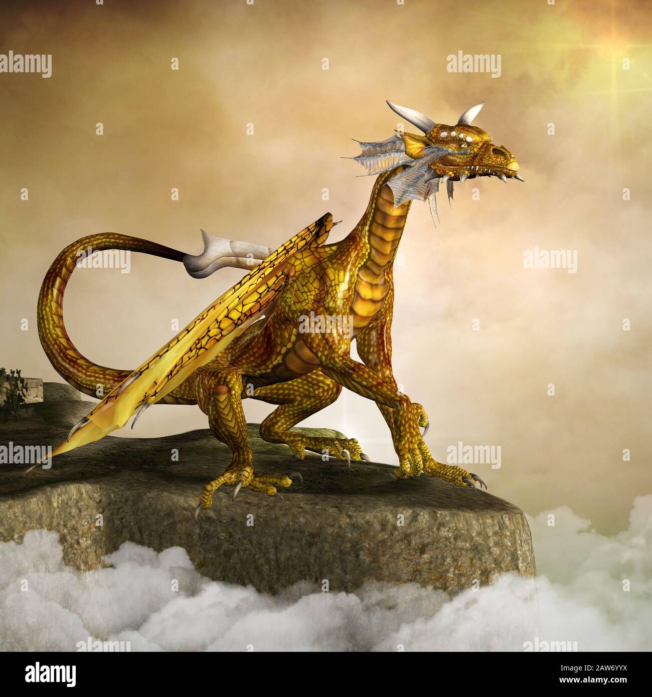 Scary golden dragon sitting on a rock Stock Photo