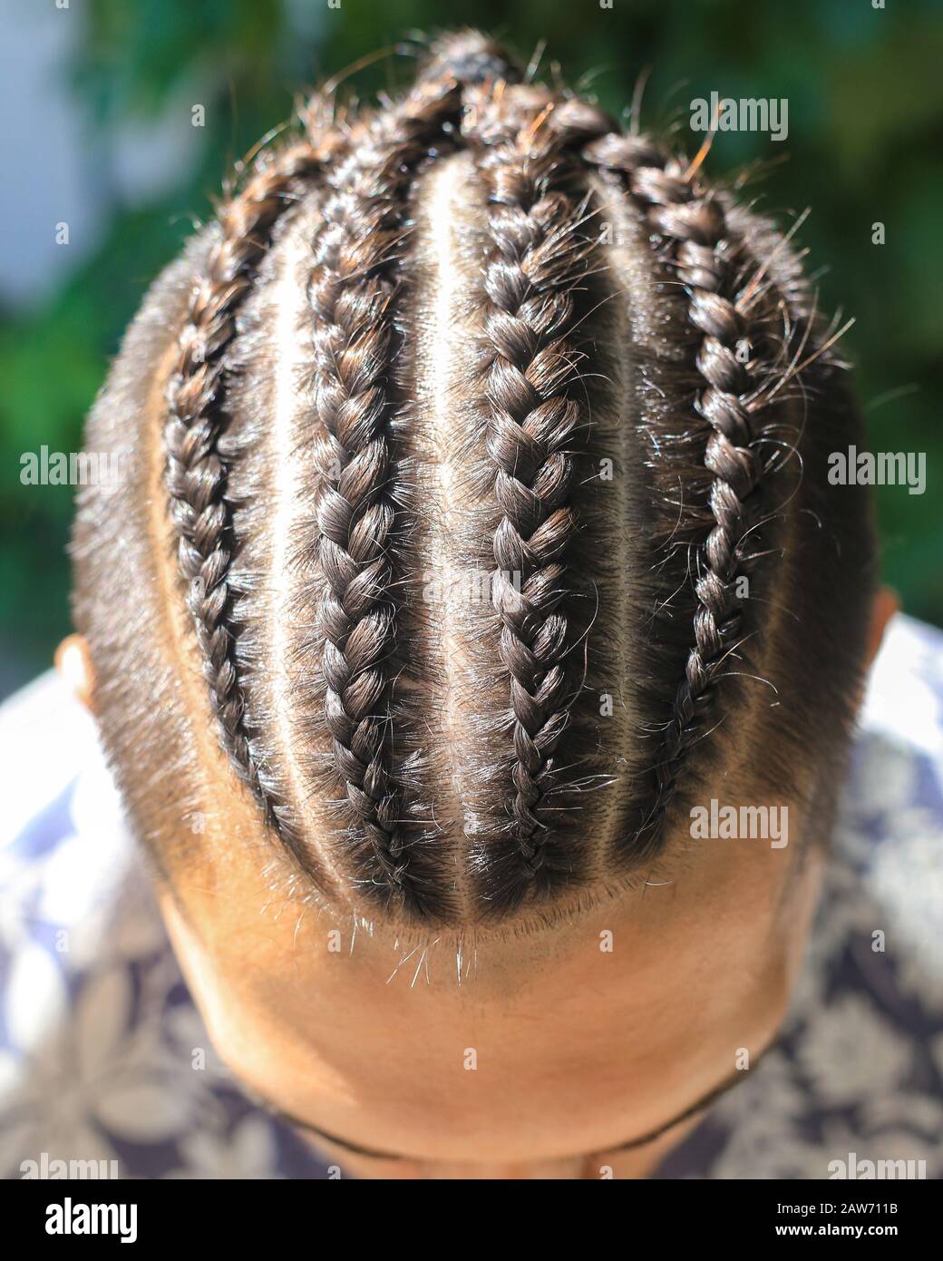 men's braided hairstyle, man s head with hairstyle, cornrow Stock Photo