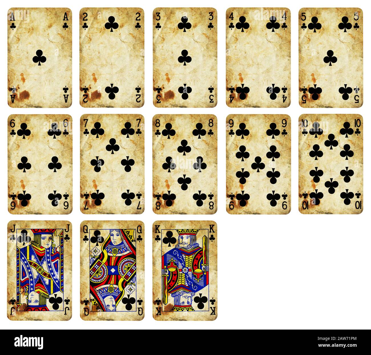 Playing cards of Clubs suit, isolated on white background - High quality. Stock Photo