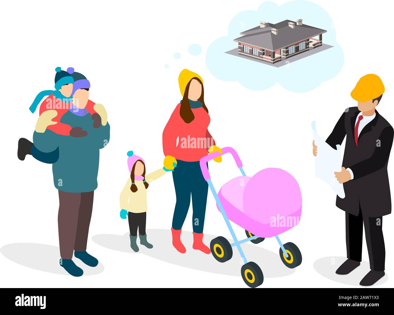 Vector isometric caucasian family dreaming about a private house and meeting an architect Stock Vector