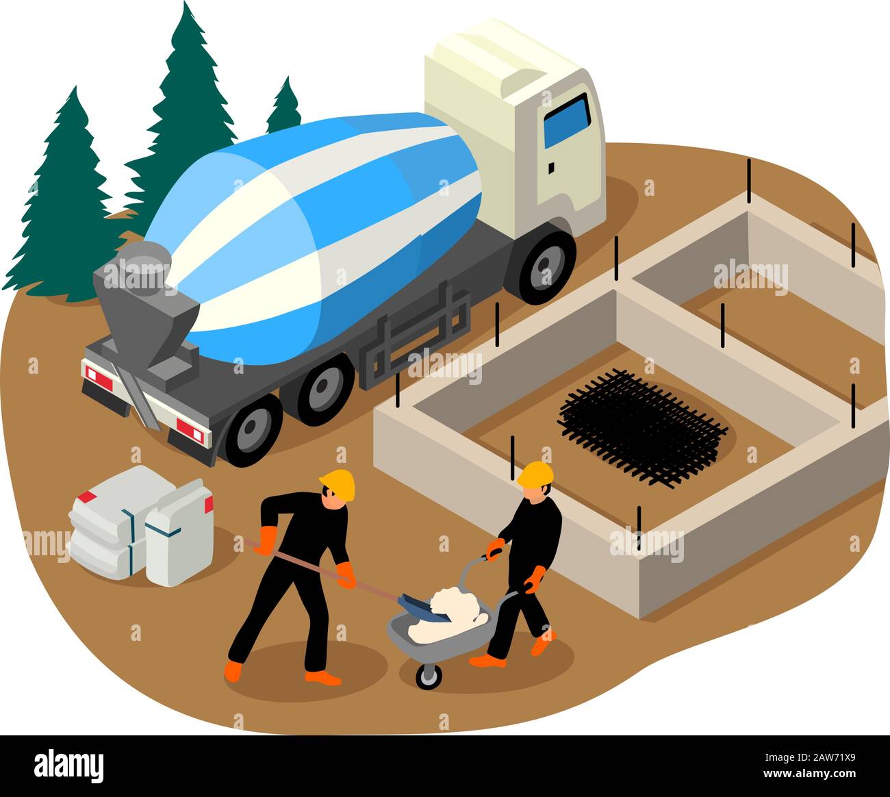 Vector isometric illustration of workers building foundation pad of a private house Stock Vector
