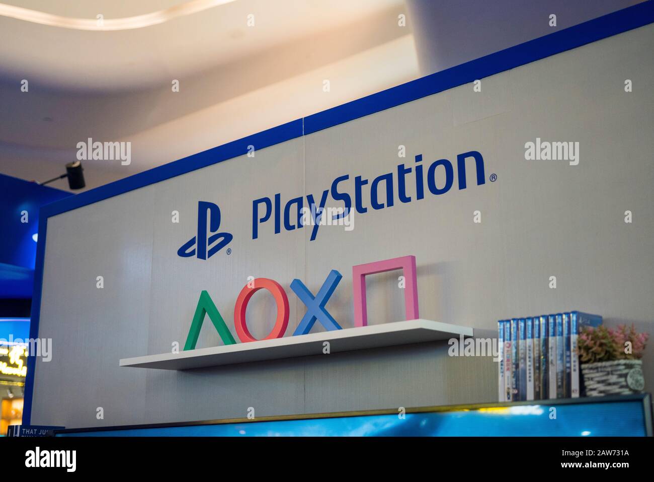 Shenzhen, China, April, 2019. PlayStation at Sony Expo 2019. It's a gaming  brand that consists of four home video game consoles, as well as a media ce  Stock Photo - Alamy