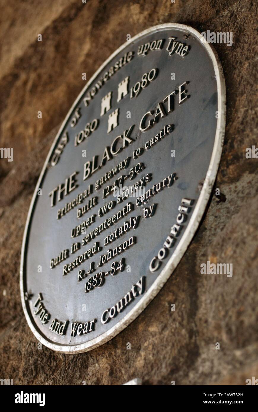 Blue plaque commemorating The Black Gate, NewcastleuponTyne Stock