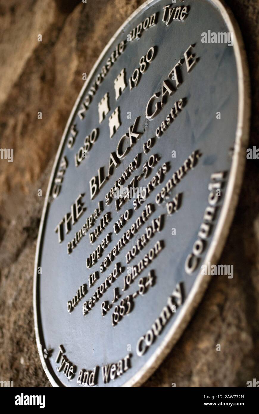 Blue plaque commemorating The Black Gate, NewcastleuponTyne Stock