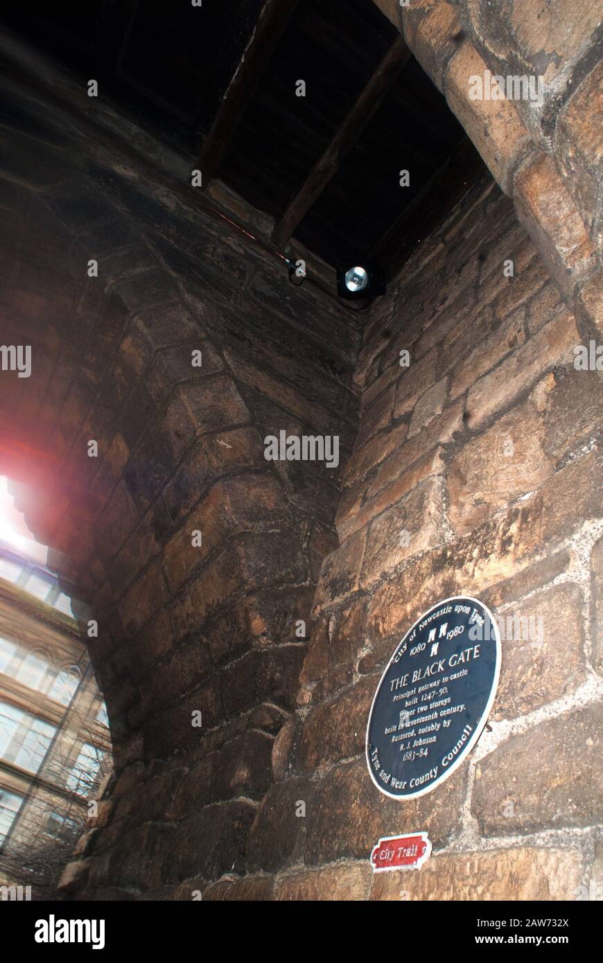 Blue plaque commemorating The Black Gate, NewcastleuponTyne Stock