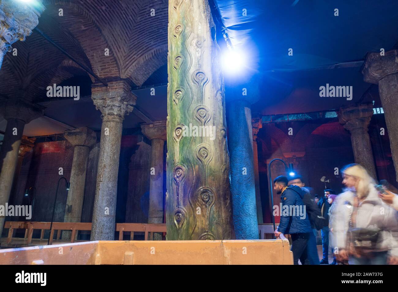 Istanbul, Turkey - Jan 14, 2020: The Basilica Cistern The Hen's Eye column is engraved with thousands of eyes, which at times appear to be weeping as Stock Photo
