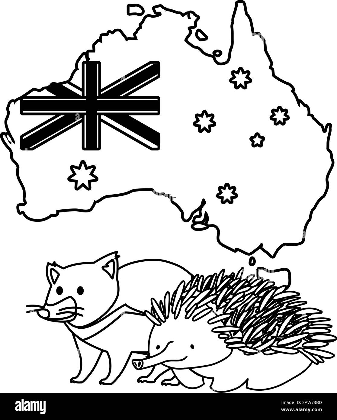 tasmanian devil and echidna with map of australia in the background ...