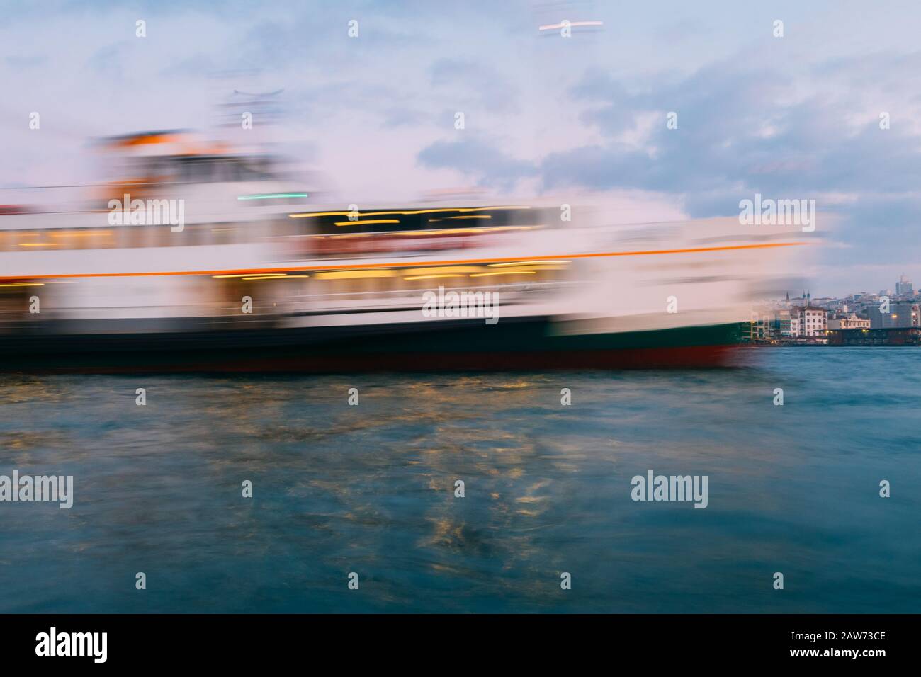 Istanbul, Turkey - Jan 15, 2020: An abstract image of a ferry boat  in the Golden Horn , Istanbul, Turkey, Stock Photo