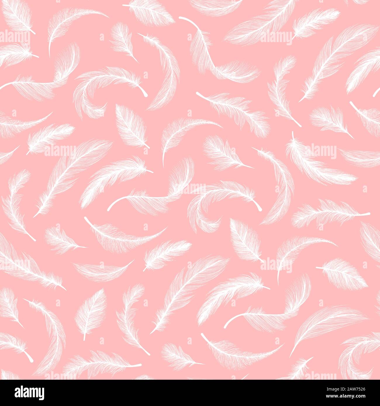 Feathers pattern on pink background, vector seamless decoration and ornate textile design. Abstract different shape flying white fluffy feather with down fluff plume texture, wallpaper ornament Stock Vector