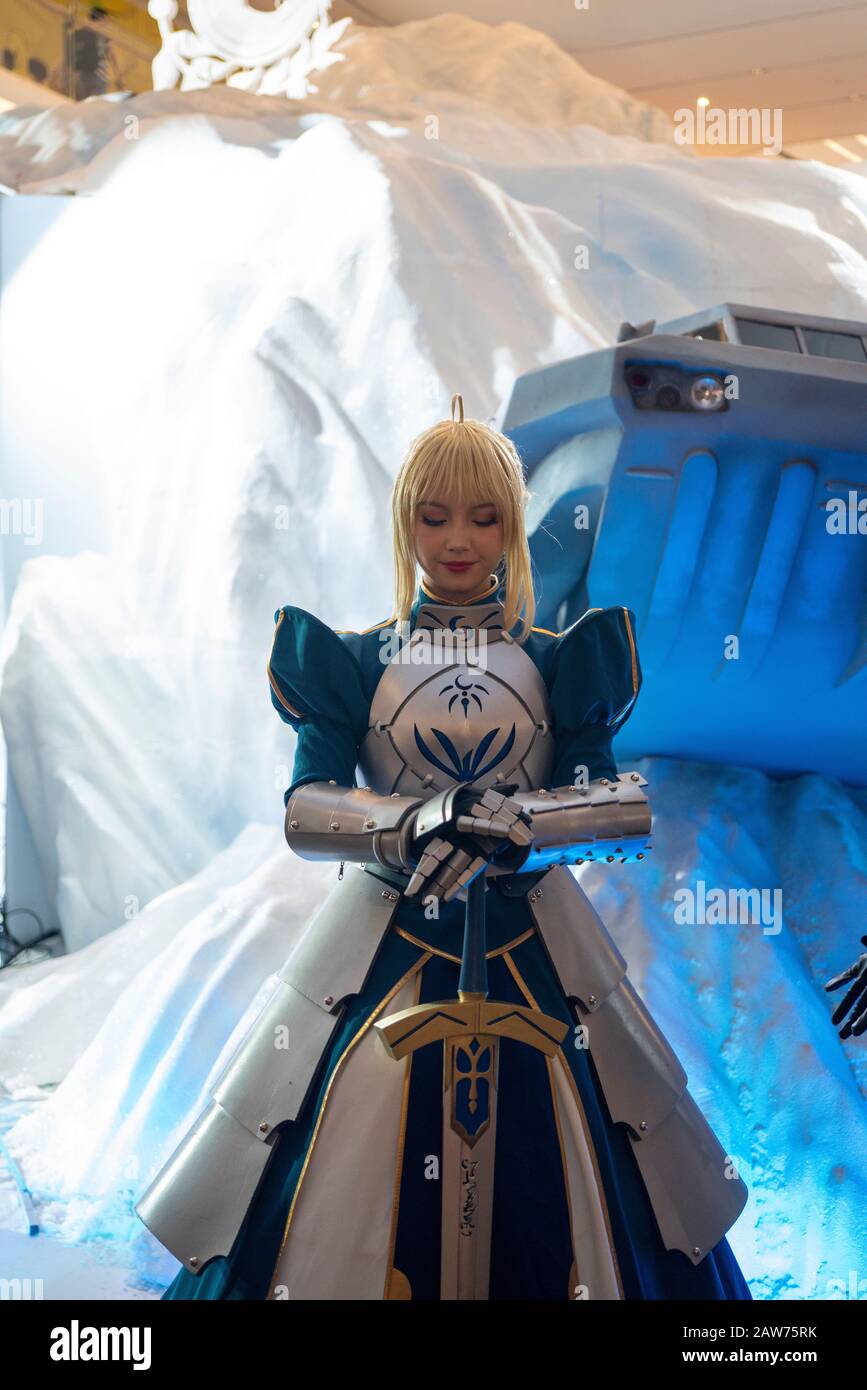 Shenzhen, China, April, 2019. Saber cosplayer at Sony Expo 2019, whose real name is Artoria Pendragon, is a fictional character from the Japanese 2004 Stock Photo