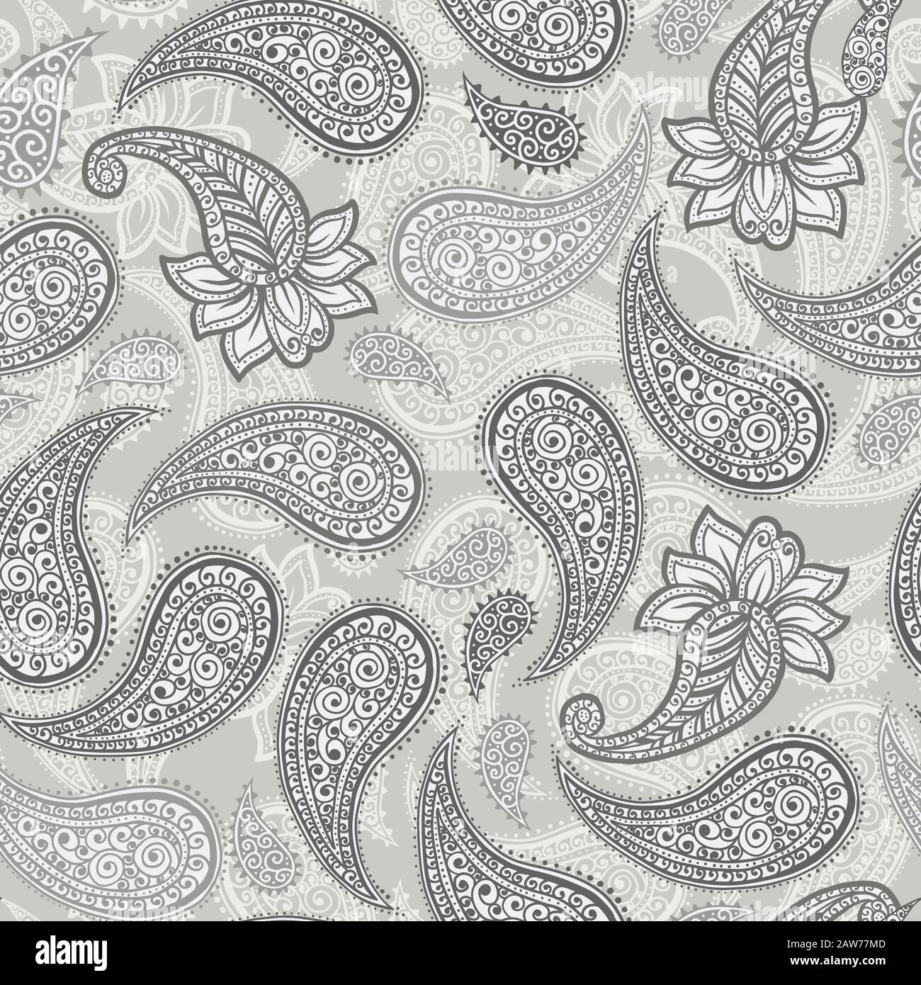 Paisley pattern background, vector seamless floral ornament for textile or wallpaper design. Indian paisley pattern with vintage flower and leaf motif, gray ornate flower, art decoration background Stock Vector