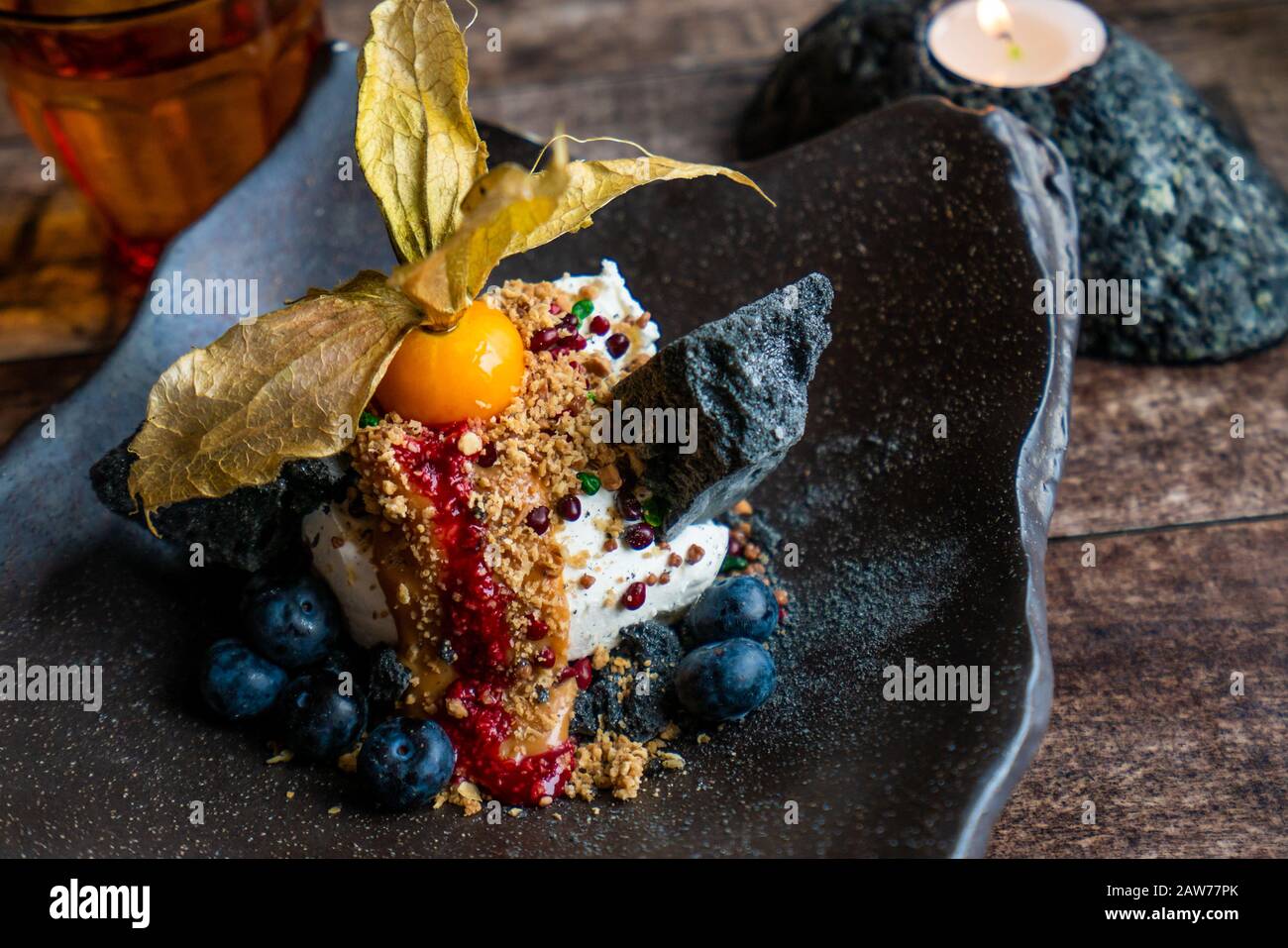 Icelandic ice cream menu with volcanic rock sugar cane and blueberries