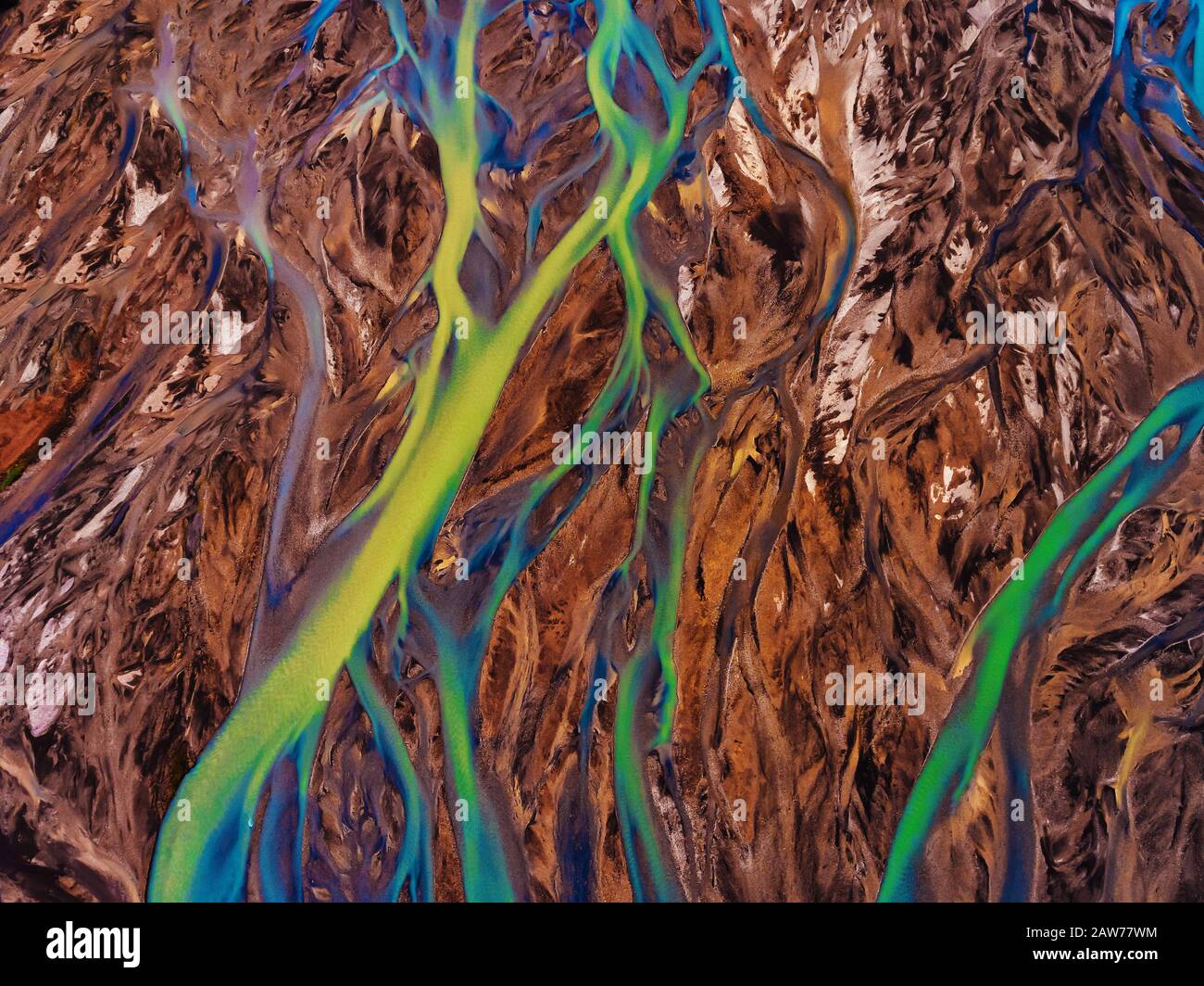 Aerial landscape top view of glacier river in highland of Iceland