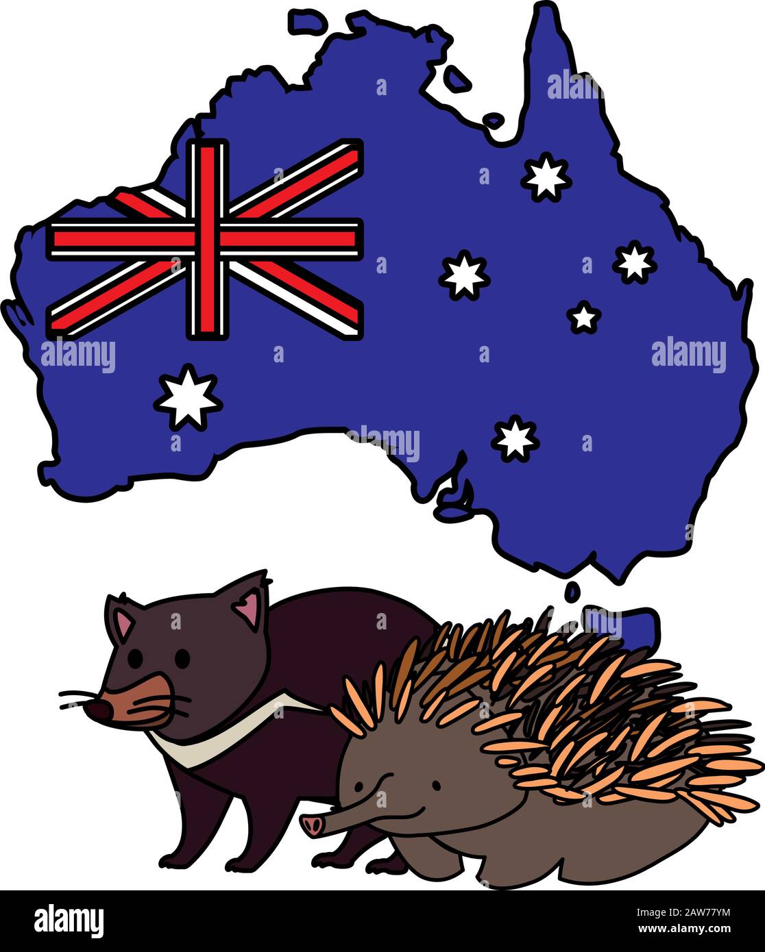 tasmanian devil and echidna with map of australia in the background ...