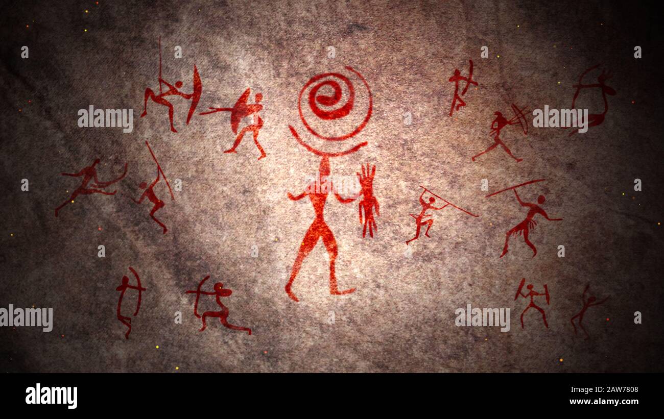 Astounding 3d illustration of primitive ancient people mural with arrows and shields on a brown cave wall headed by shaman with a spiral on his head Stock Photo