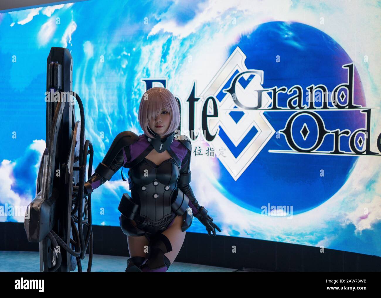 Shenzhen, China, April, 2019. Matthew Kyrielite cosplayer at Sony Expo 2019, also known as Shielder, is the first Servant in Fate/Grand Order and the Stock Photo