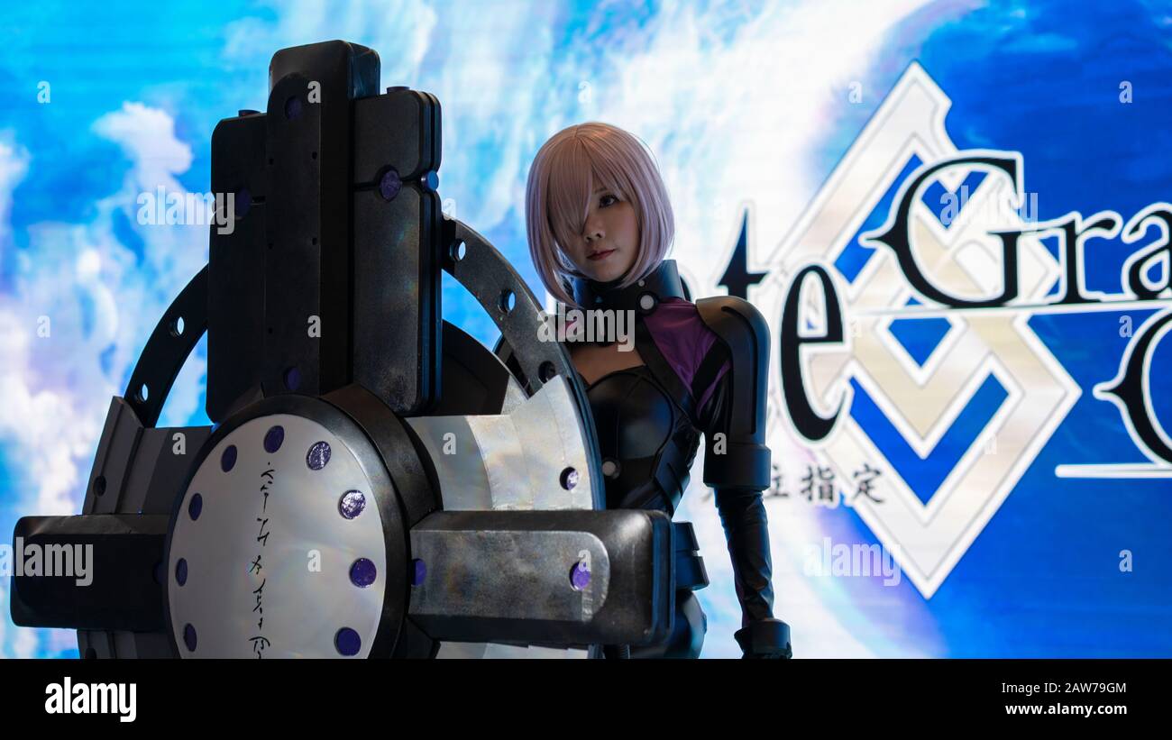 Shenzhen, China, April, 2019. Matthew Kyrielite cosplayer at Sony Expo 2019, also known as Shielder, is the first Servant in Fate/Grand Order and the Stock Photo