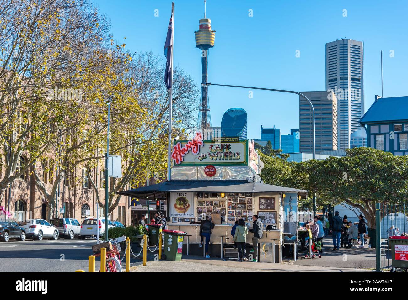 Sydney, Australia - July 03, 2016: Sydney street food cafe with Sydney CBD view with iconic Sydney Tower Stock Photo