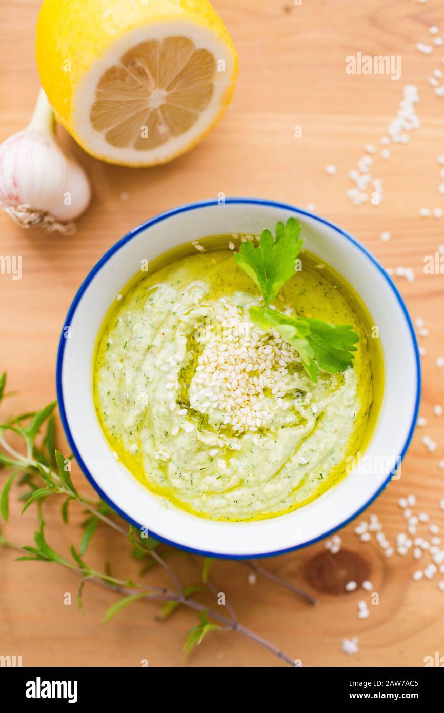 Hummus zucchini squash, top view. Glutenfree and milkfree Stock Photo