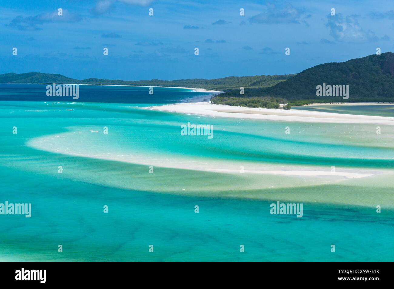 Breathtaking view of isolated Whitsunday island and Whitehaven beach from Hill Inlet lookout. Tropical beach paradise. Queensland, Australia Stock Photo
