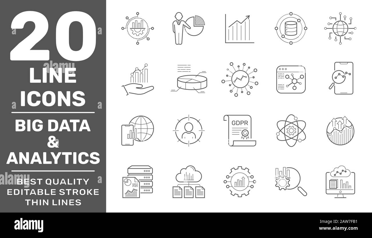 Data analysis, big data, statistics, analytics - minimal thin line web icon set. Editable Stroke. EPS 10 Stock Vector