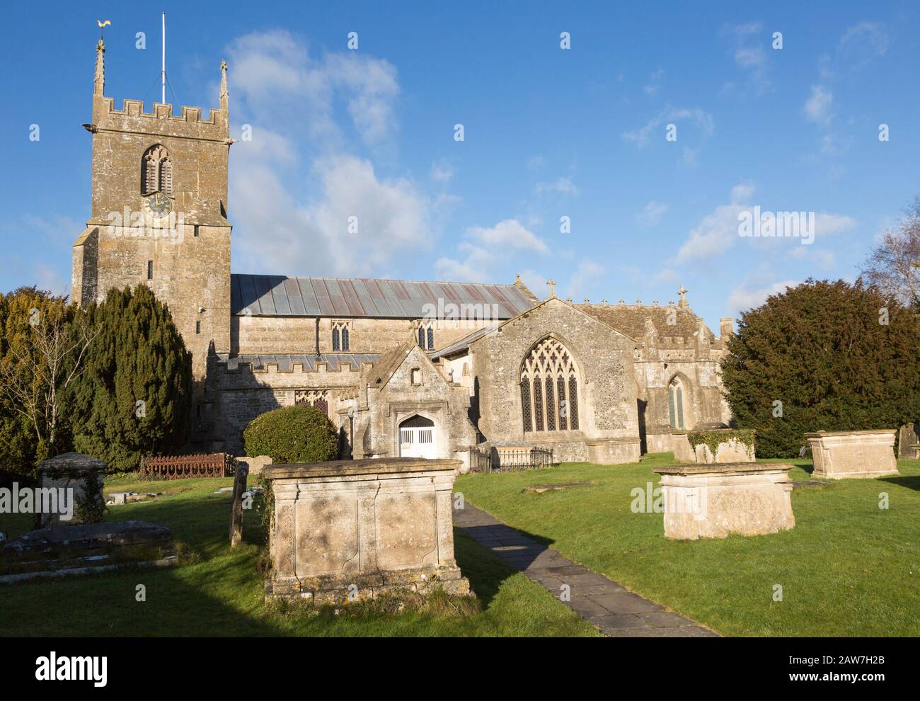 Historic village parish church of Saint Michael and All Angels, Urchfont, Wiltshire, England, UK Vale of Pewsey Stock Photo