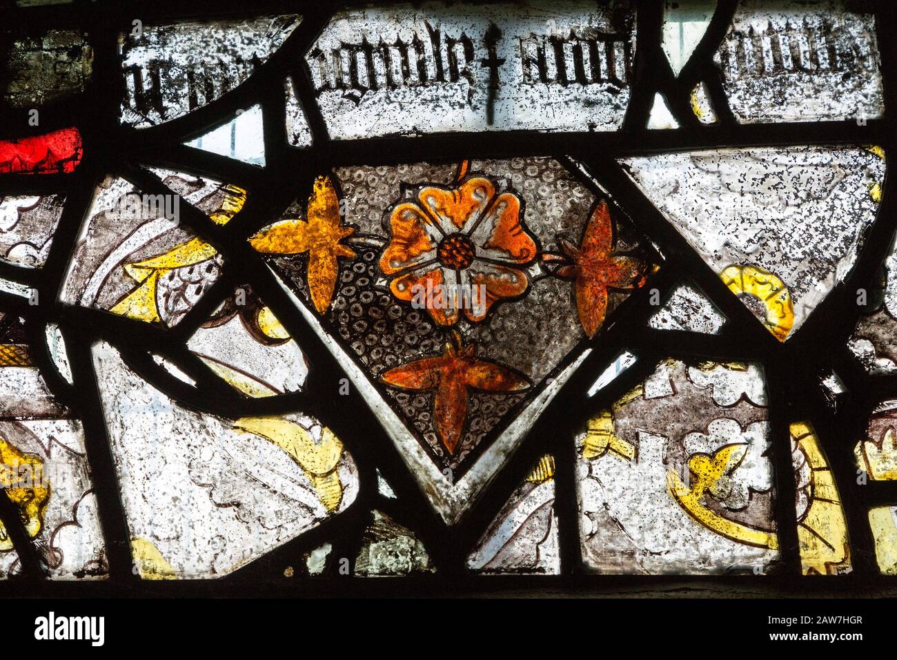 Fragments of medieval stained glass including flowers used to form a