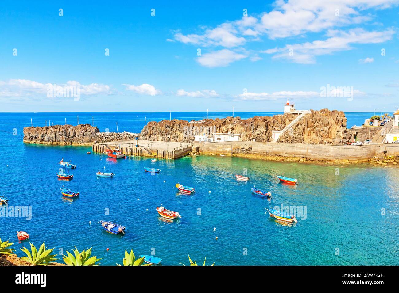 Port with fishing boats. The village is typical for its cat shark drying under the sun. Stock Photo