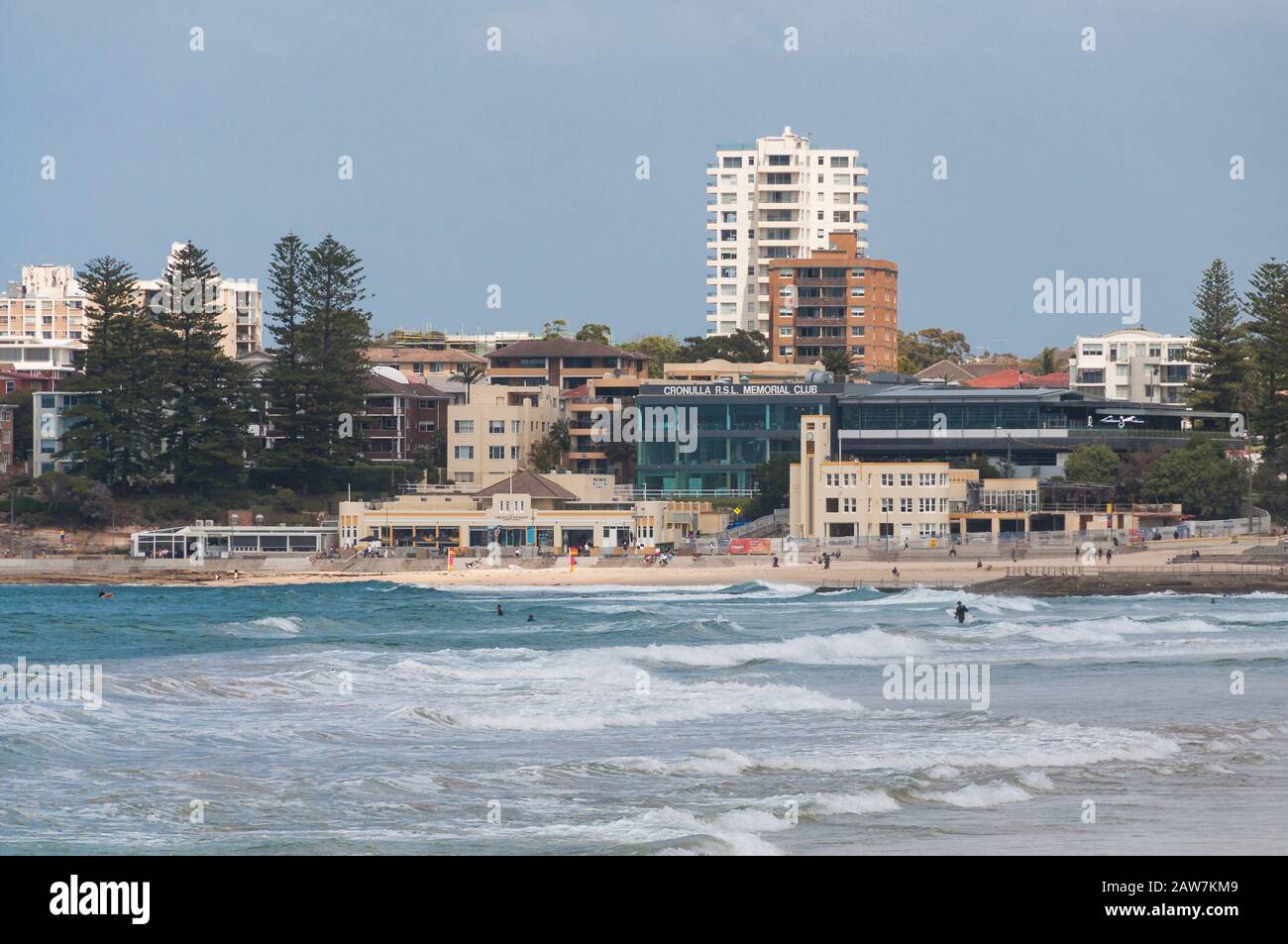 Sydney, Australia - October 22, 2018: Cronulla RSL Memorial club, cafes, bars, restaurants and Cronulla beach on sunny day Stock Photo