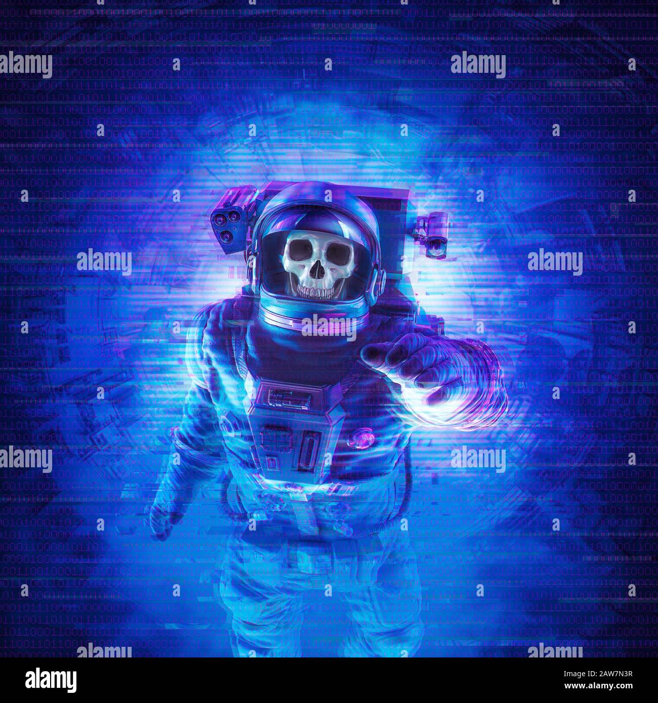 The final transmission / 3D illustration of science fiction scene with dead skull astronaut sending message through glitchy video feed Stock Photo