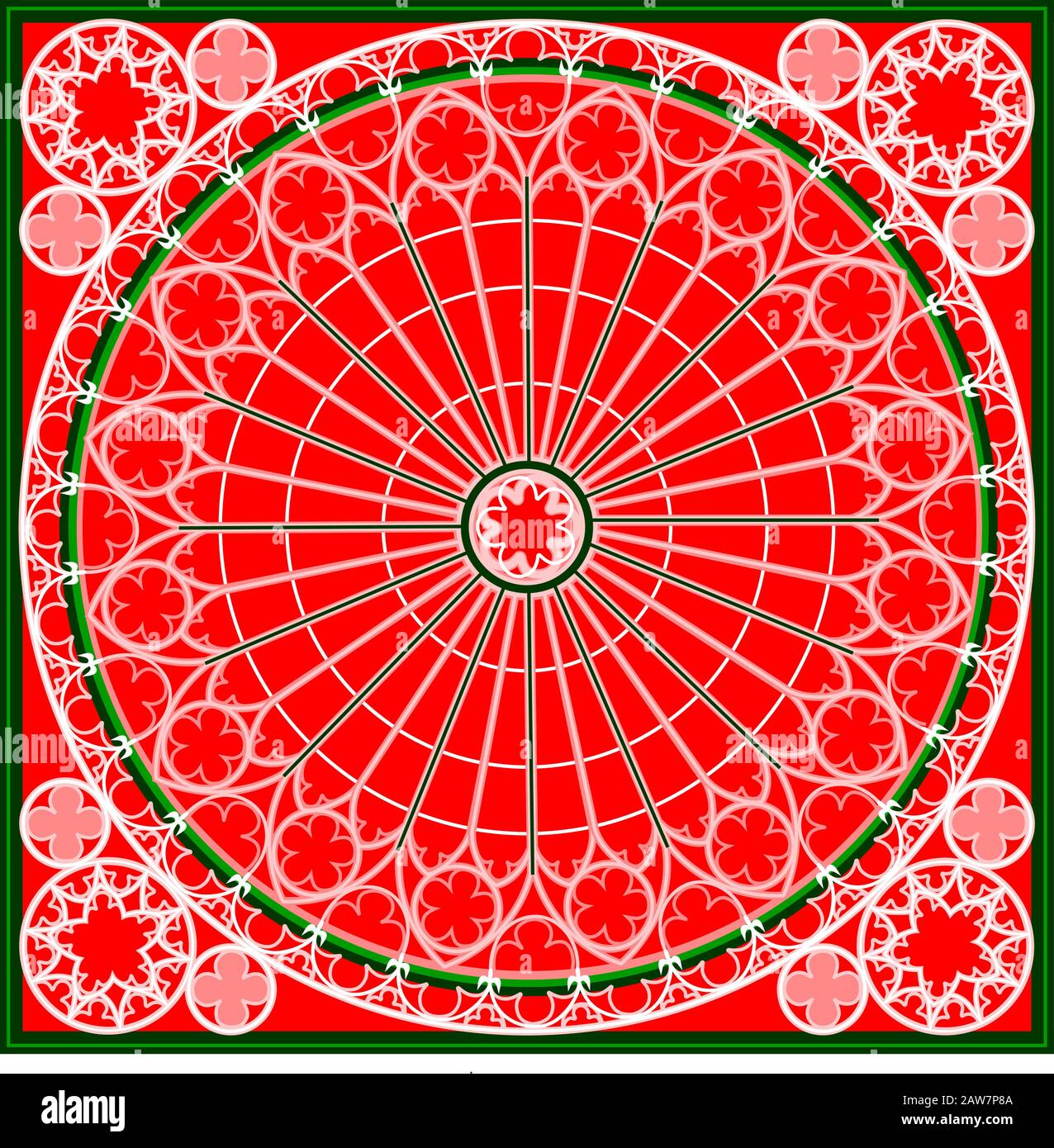 Red and green abstract lace background, square geometric pattern with ornate frame. Stock Vector