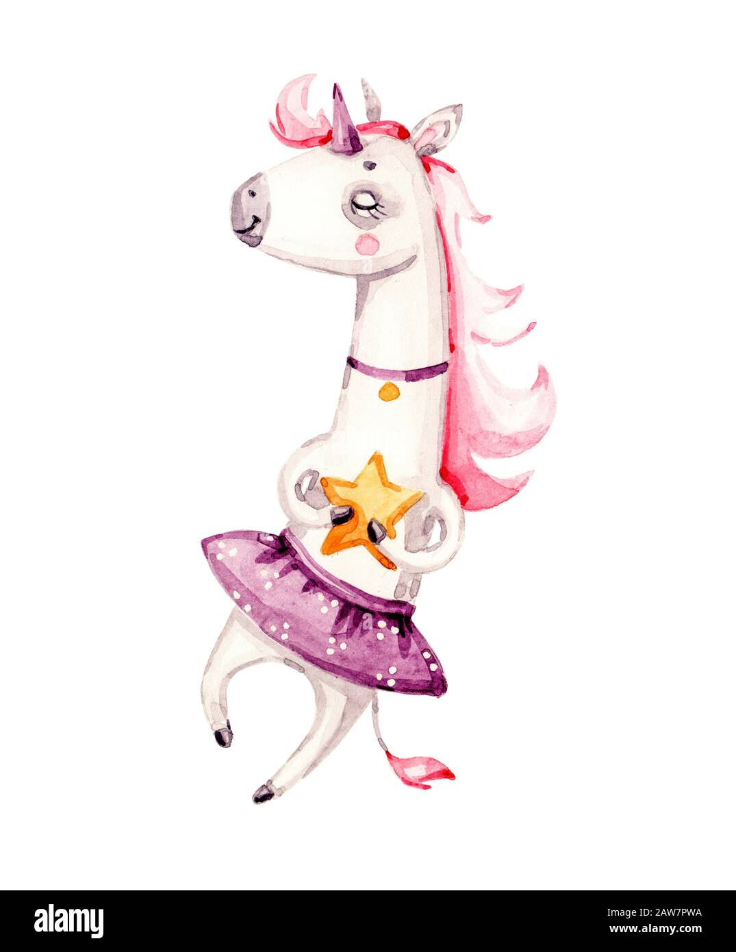 Isolated hand painted cute watercolor unicorn clipart. Nursery