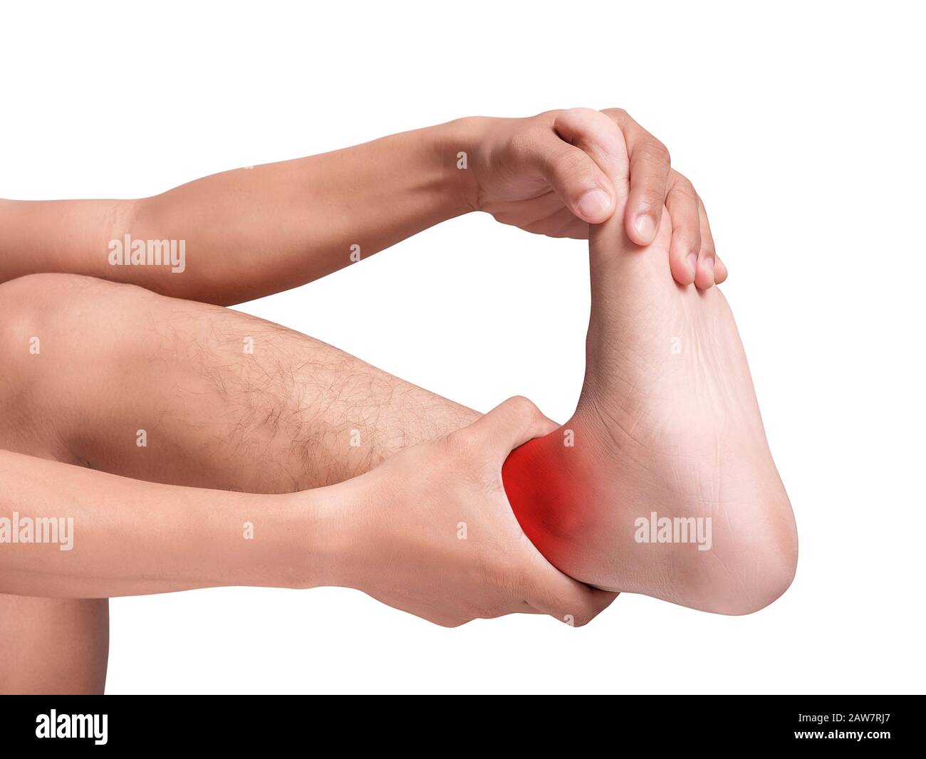 man suffering from cramp using hand massage painful foot and ankle. red color highlight at ankle , ankle muscles isolated on white background. health Stock Photo