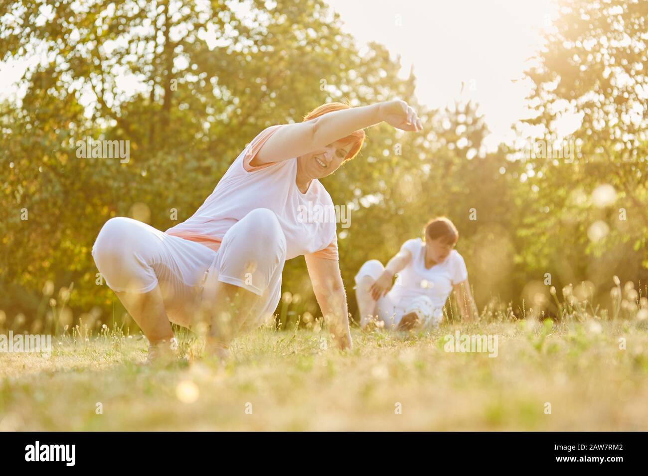 Two female seniors do a yoga exercise in nature in summer Stock Photo