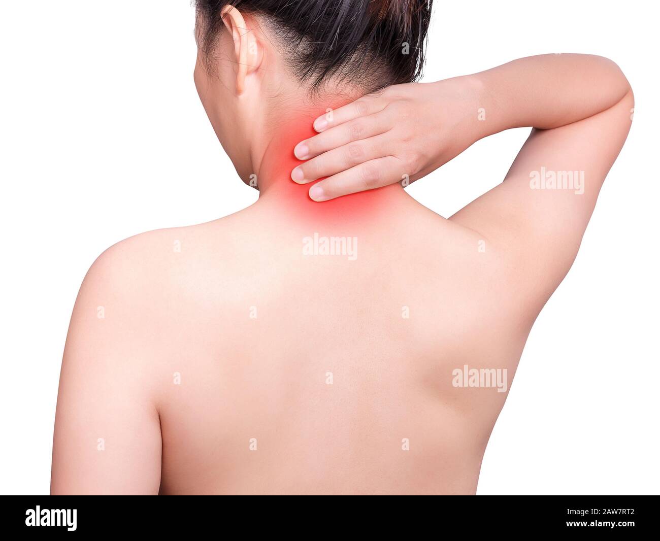 woman suffering from neck pain using hand massage painful neck and nape. red color with red highlight at neck , neck muscles isolated on white backgro Stock Photo