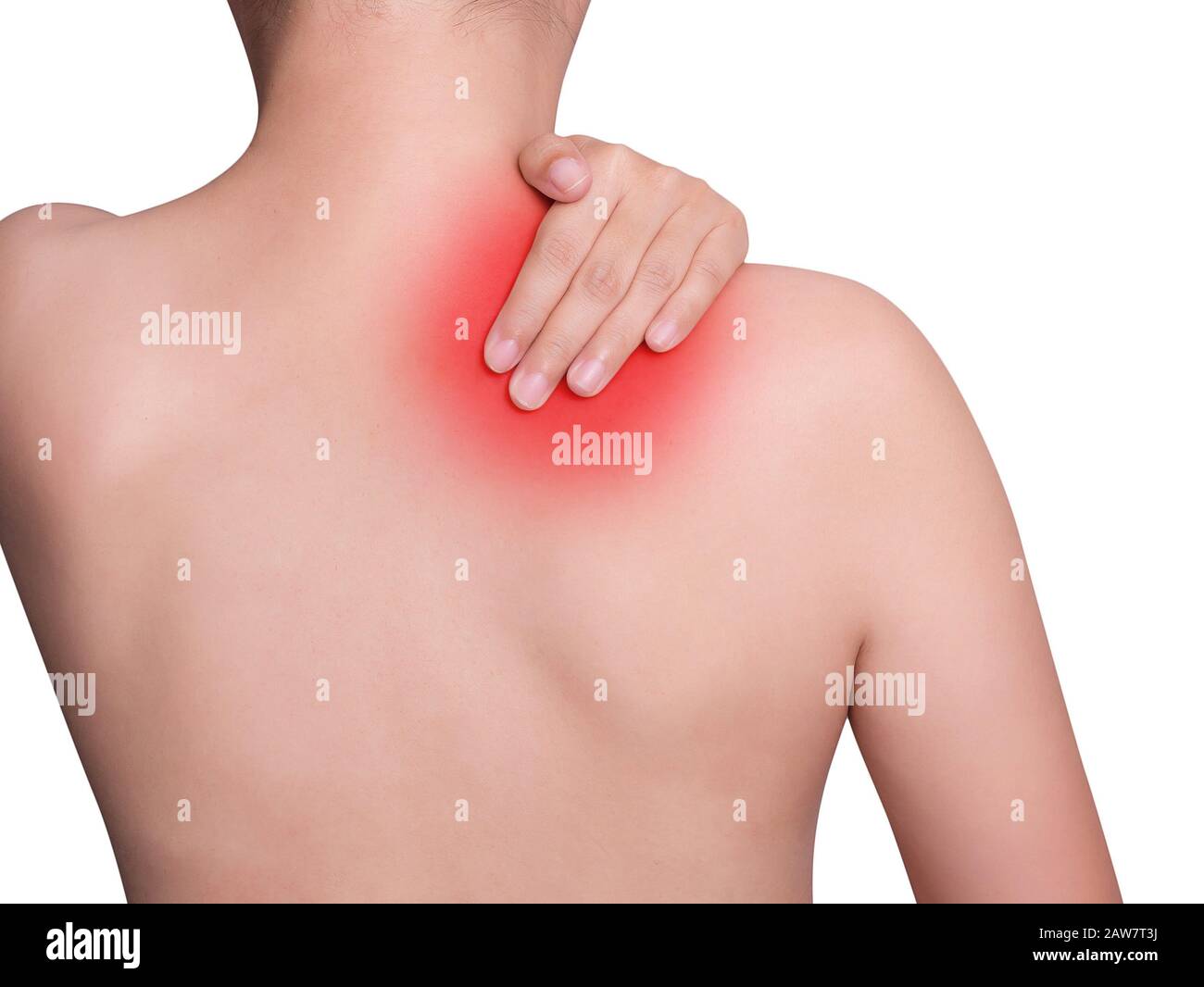 woman suffering from neck pain, shoulder pain. red color highlight at neck and shoulder isolated on white background. health care and medical concept. Stock Photo