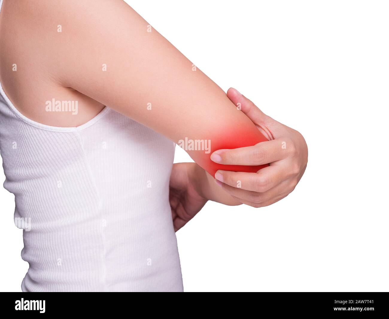 woman suffering from elbow pain, toggle pain.red color highlight at elbow , toggle isolated on white background. health care and medical concept Stock Photo
