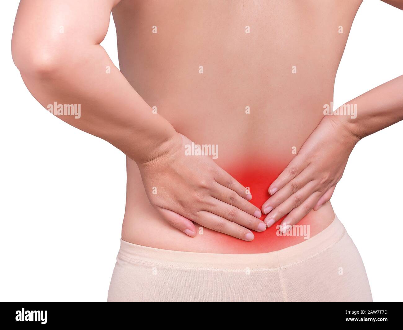 woman suffering from backache, spine hurt problem. red color highlight at back isolated on white background, studio shot. health care and medical conc Stock Photo