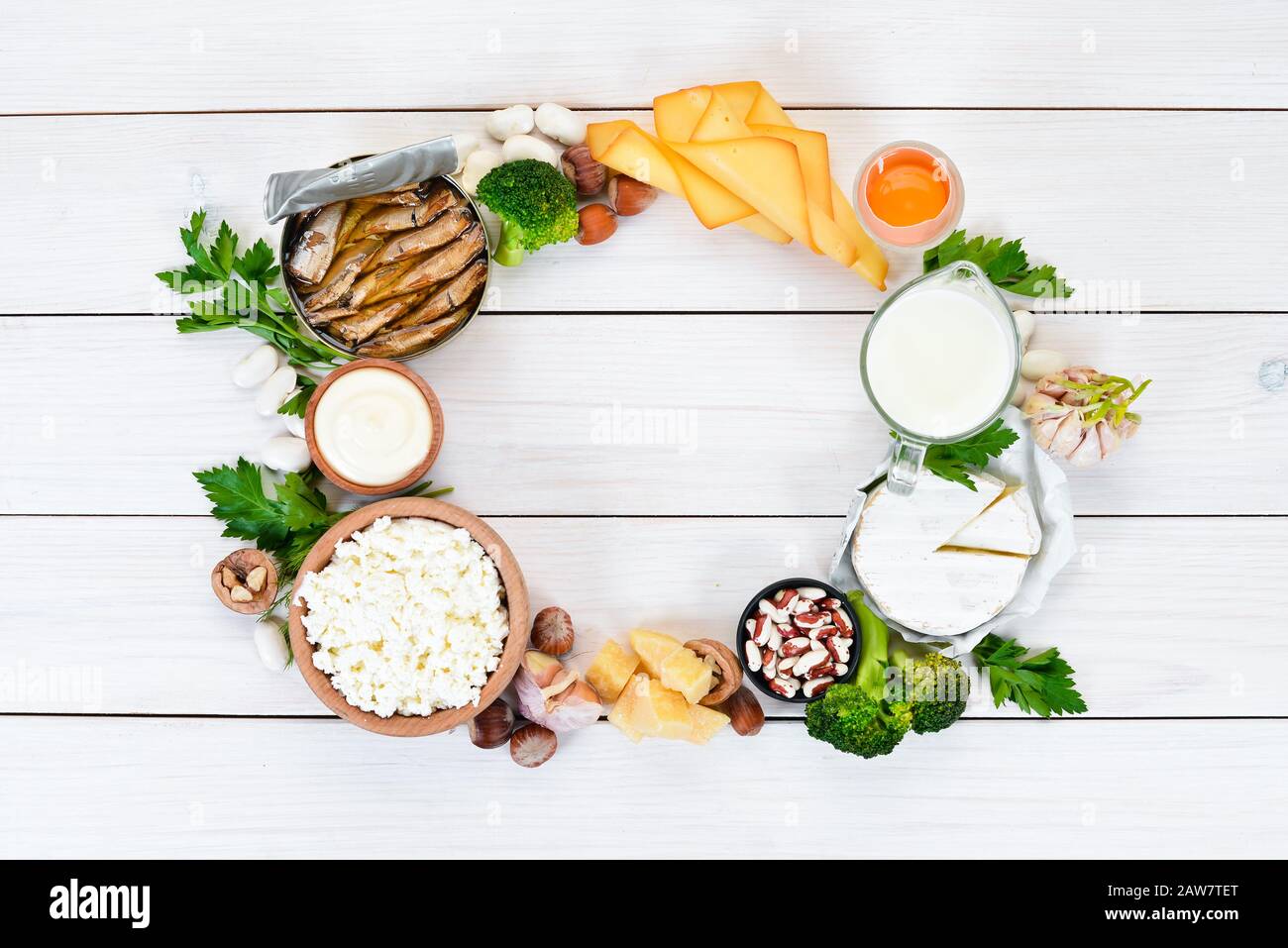 Food with calcium. A variety of foods rich in calcium cheese, milk